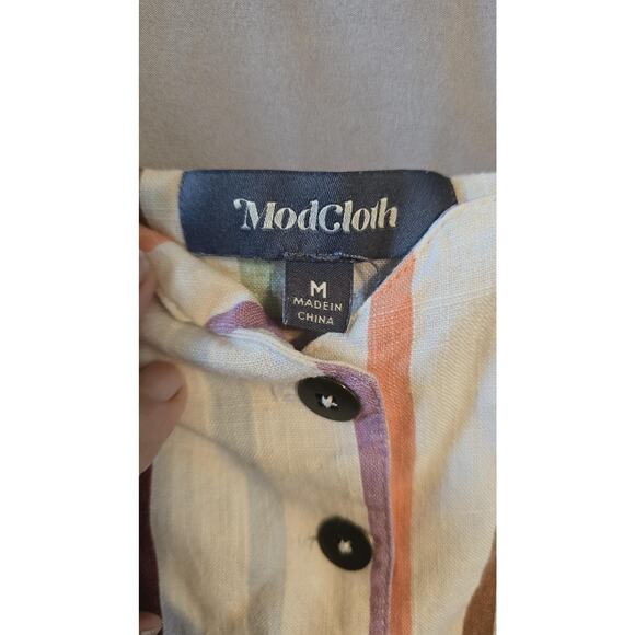 ModCloth Jumpsuit Womens Medium Stripe Pastel Linen Blend Button Front Wide Leg - Picture 7 of 10